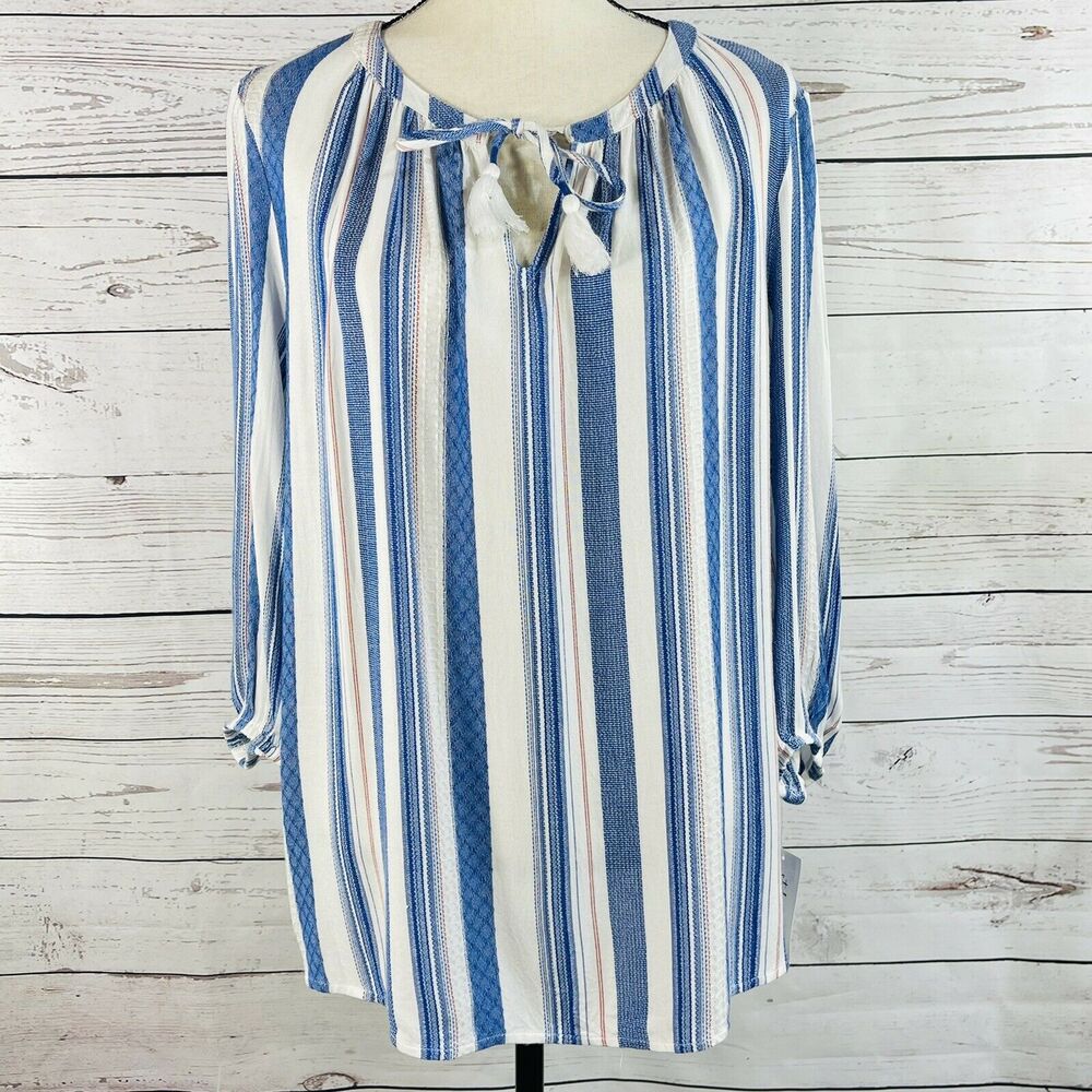 Style & Co Large Top 3/4 Puff Sleeves Tie Keyhole Neck Lightweight Striped New